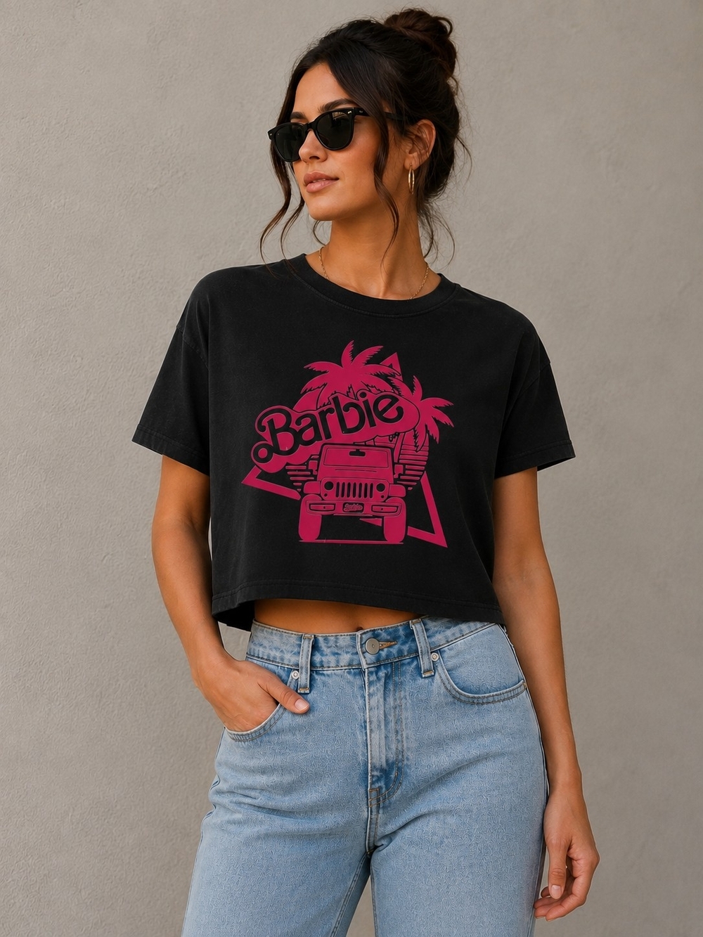 HG Creations Barbie Pink Jeep Graphic Black Boxy Crop Tee Size XL